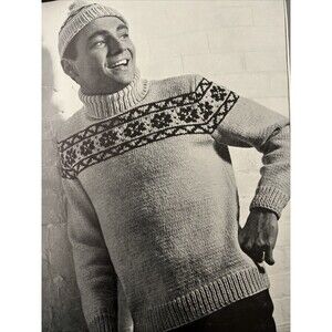 Vintage 1950's Knitted Pattern Men's NORWEGIAN SWEATER & MATCHING BEANIE S-M-L